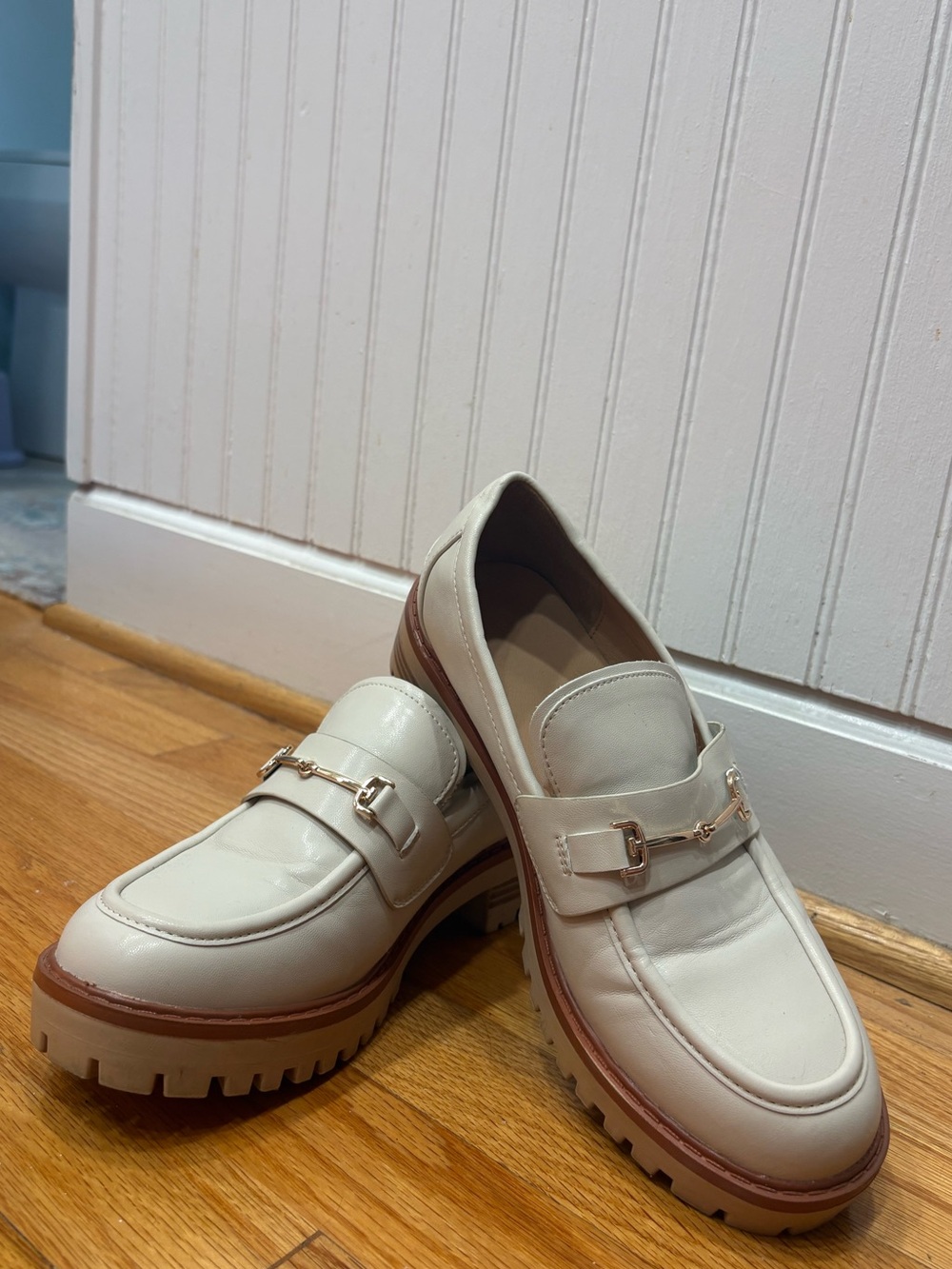 Cream Leather Lug-Sole Loafers with Gold Bit Hardware
